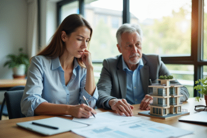 Couple d'adultes sérieux examinant des documents immobiliers