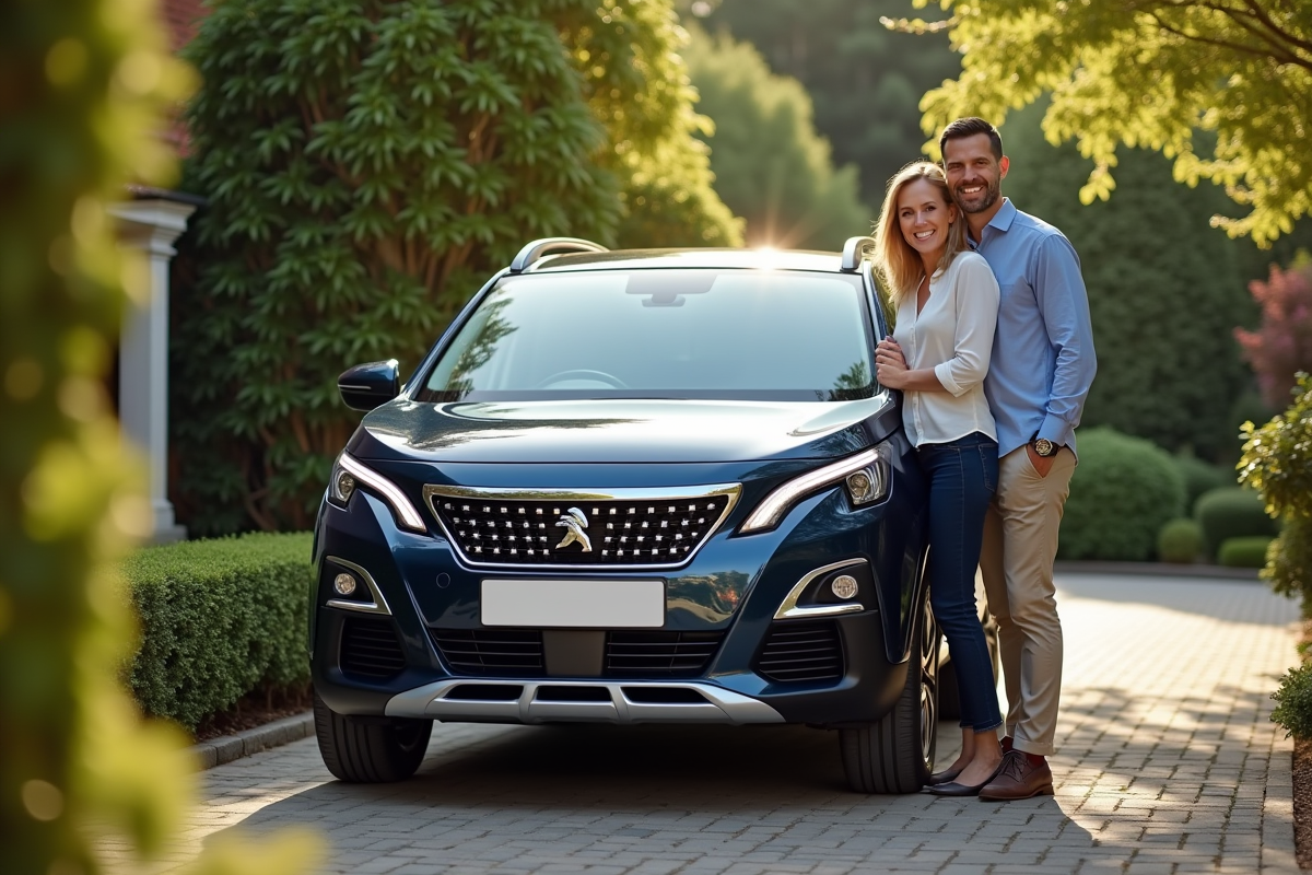 Couple souriant avec leur Peugeot 3008 d'occasion dans la cour