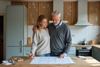 Couple en jeans examinant des plans dans une cuisine en rénovation