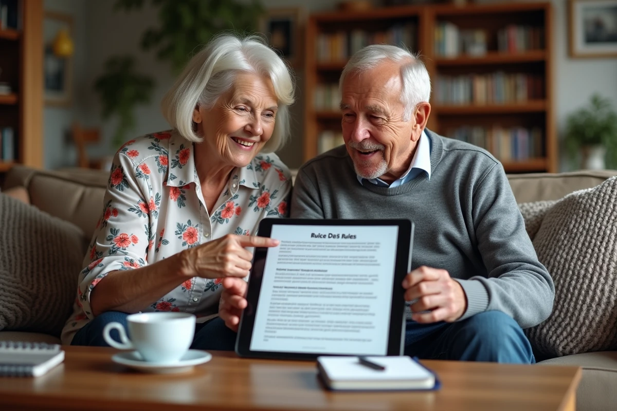 Couple de seniors consultant un PDF de règles du 421 en grande police sur une tablette dans leur salon
