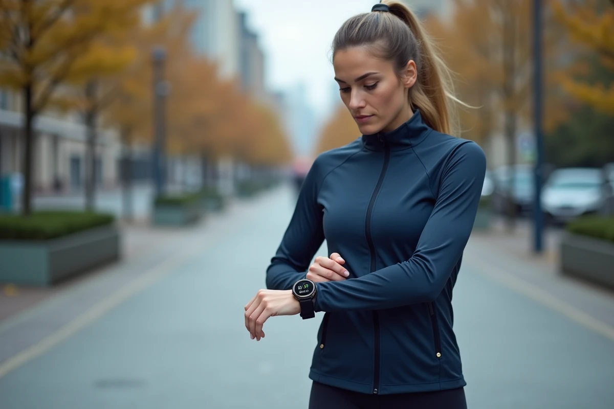 Coureuse en tenue de sport vérifiant sa montre GPS affichant une distance en kilomètres lors d'une pause sur un sentier urbain