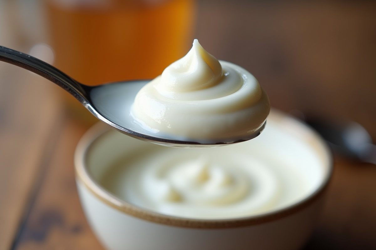 Cuillerée de crème fouettée levée au-dessus d