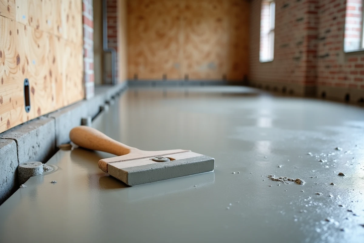 Dalle intérieure en béton fraîchement coulée avec une taloche posée sur la surface dans une maison en construction