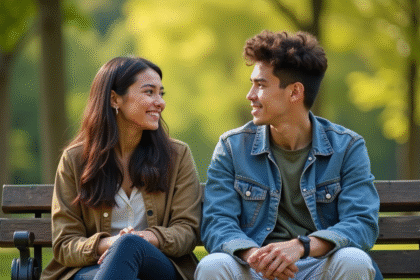 Deux jeunes adultes discutent dans un parc ensoleille