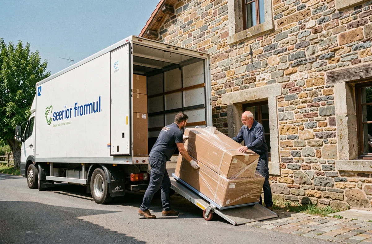 Équipe Démeco Georges Taurisson déchargeant un camion de déménagement devant une maison en pierre de Corrèze