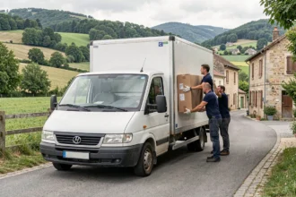 Équipe de déménageurs professionnels chargeant un camion devant des maisons en pierre typiques de la Corrèze