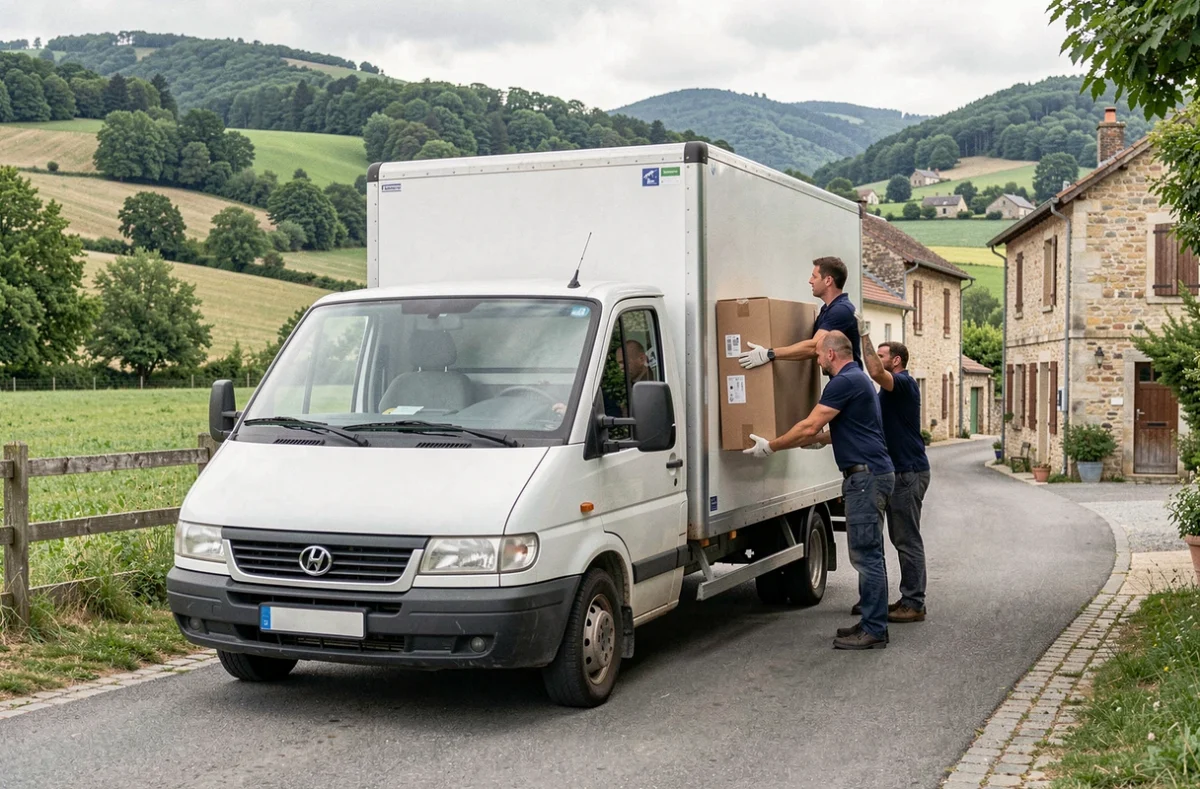 Équipe de déménageurs professionnels chargeant un camion devant des maisons en pierre typiques de la Corrèze