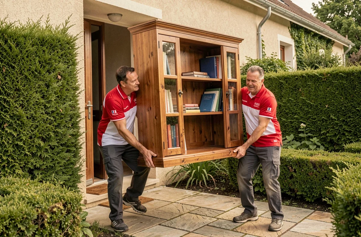 Équipe des Déménageurs Bretons antenne Corrèze portant une bibliothèque à l'entrée d'une maison pavillonnaire