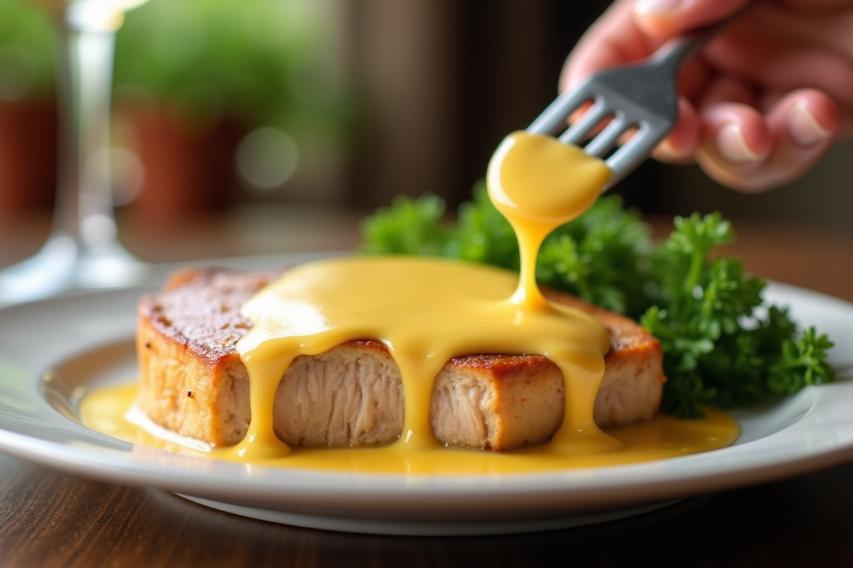 Gros plan sur un filet de dinde à la moutarde sur une assiette