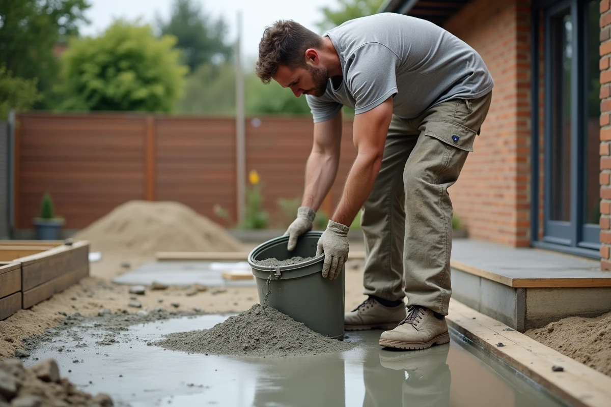 Ouvrier versant un dosage de béton sur une terrasse en cours de construction dans un jardin résidentiel