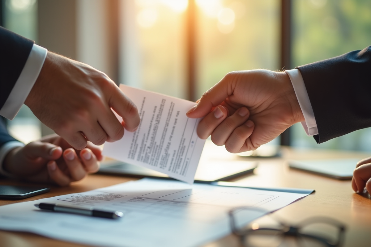 Mains échangeant une fiche de paie sur un bureau en bois