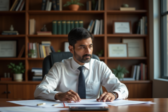 Economiste indien en bureau avec rapports financiers