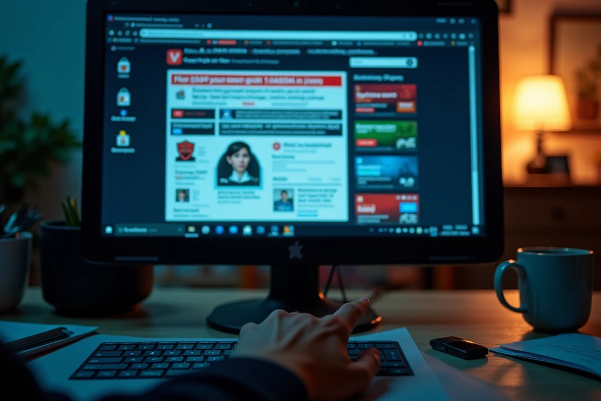 Écran d'ordinateur envahi par des alertes de sécurité frauduleuses et des pop-ups de type malware