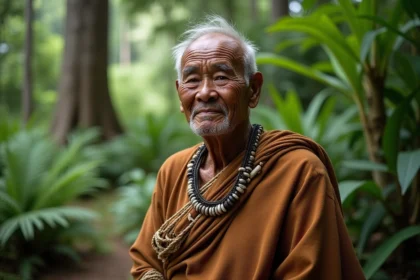 Portrait d'un ancien kanak en tenue traditionnelle dans la forêt