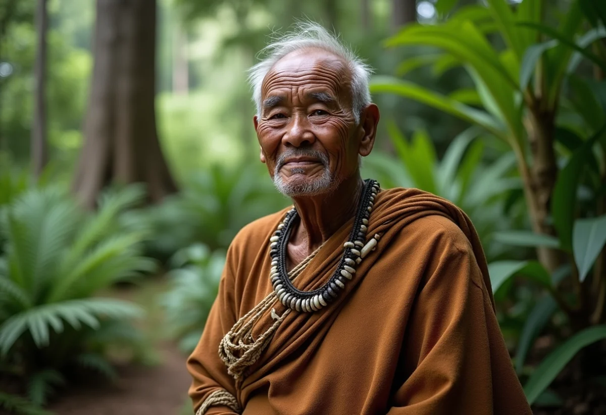 Portrait d'un ancien kanak en tenue traditionnelle dans la forêt