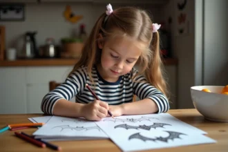 Jeune fille coloriant un dessin de chauve-souris Halloween