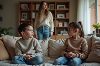 Frere et soeur assis dans un salon familial chaleureux