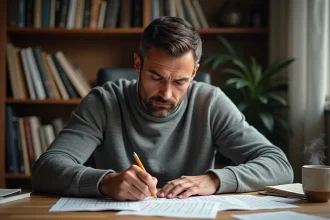 Homme concentré s'entraînant sur des grilles de sudoku imprimées à son bureau en bois avant d'affronter une énigme de QI 100