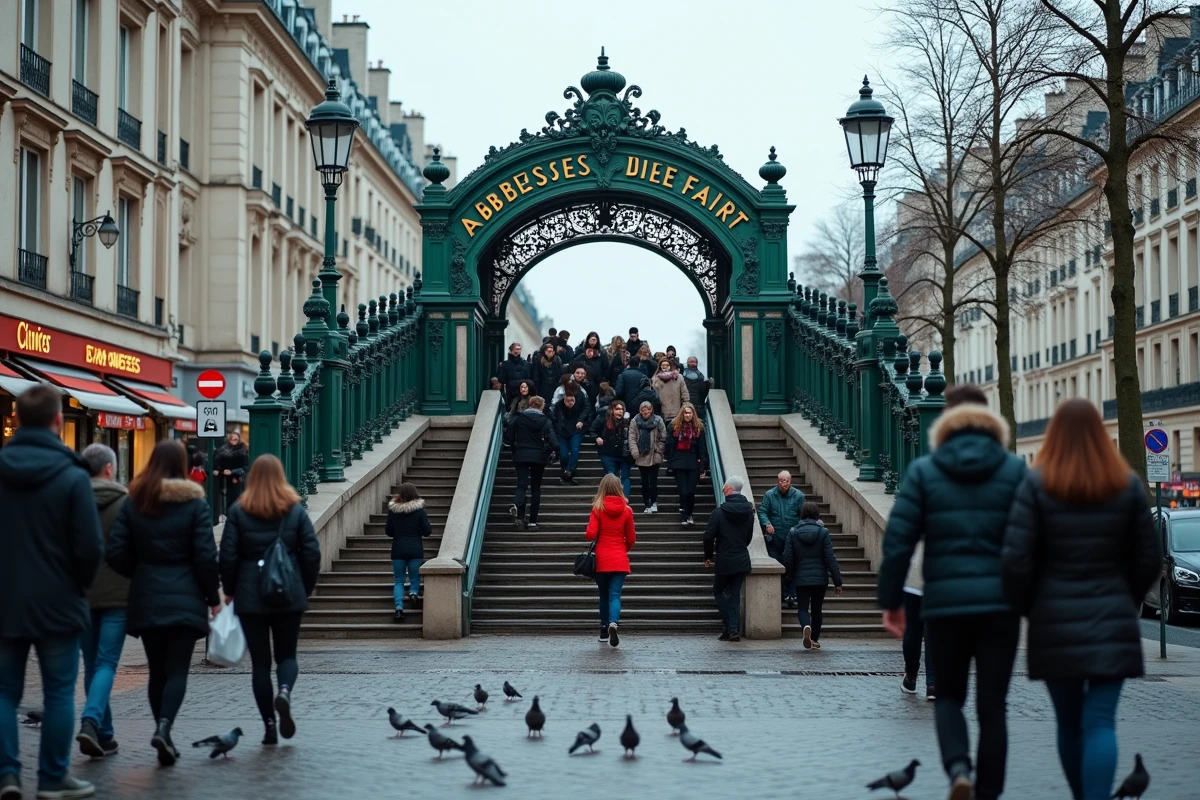 Entrée d'une station de métro RATP à Paris avec des passagers se pressant aux heures de pointe le matin