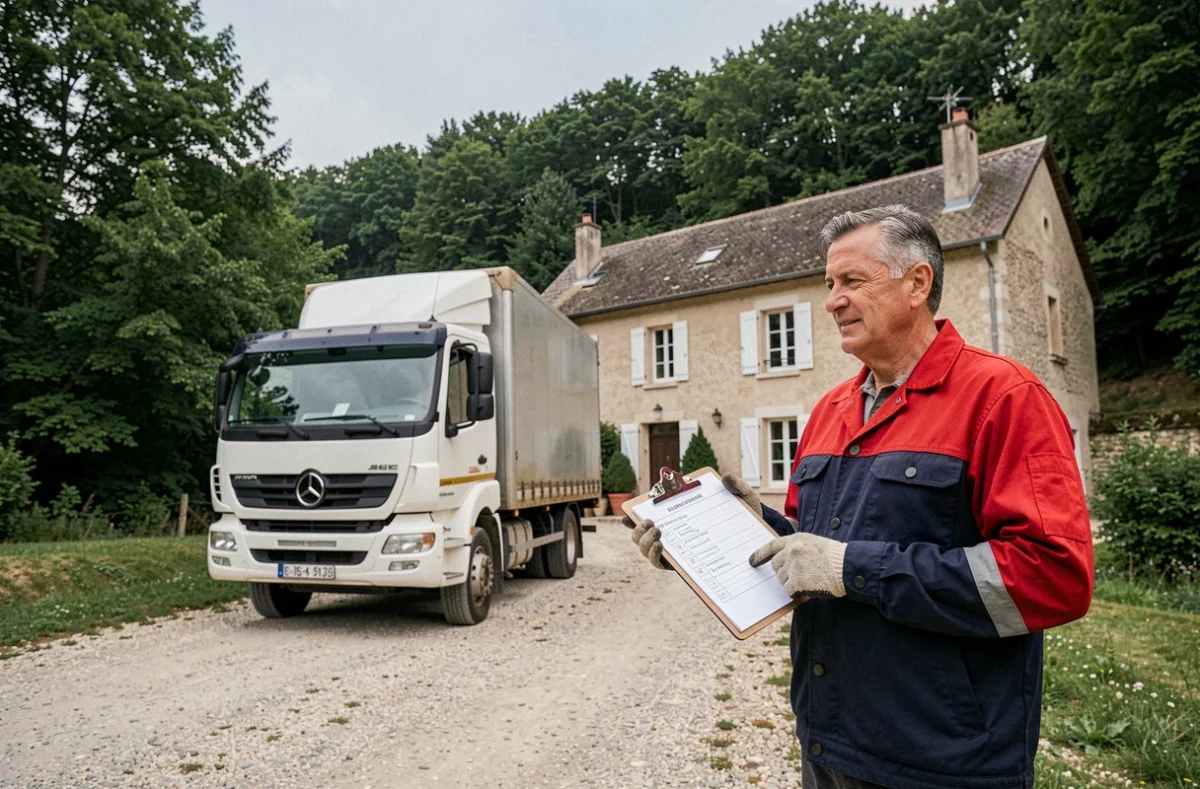 Chef d'équipe de l'entreprise Saulle J. supervisant la manœuvre d'un camion de déménagement devant une ferme corrézienne