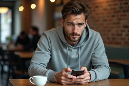 Homme envoyant un SMS anonyme depuis son smartphone dans un café