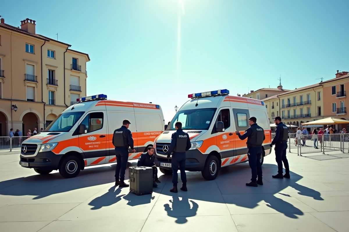 Équipe de déminage et véhicules d'intervention d'urgence déployés sur une place publique à Cannes suite à une fausse alerte à la bombe