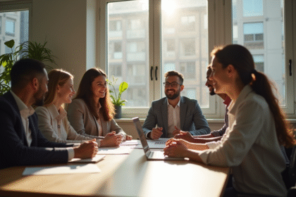 Groupe de professionnels collaborant dans un bureau lumineux