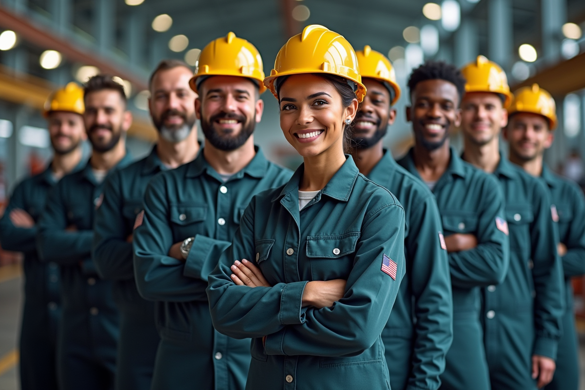 Equipe diversifiée en uniforme dans une usine
