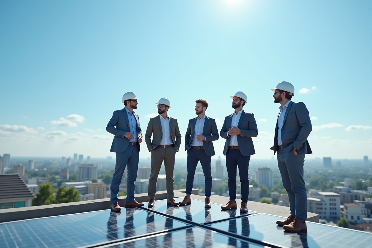 Groupe de petits entrepreneurs posant sur le toit d'un bâtiment avec des panneaux solaires