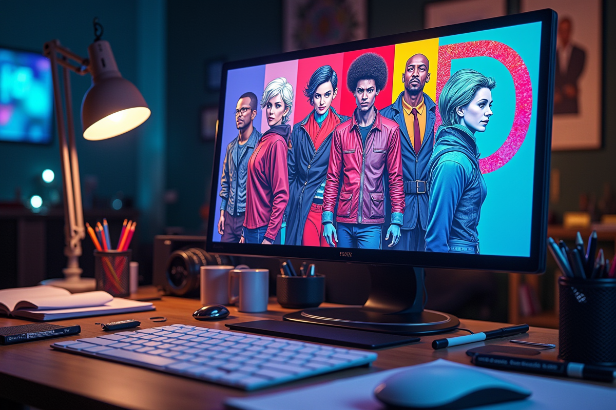Espace de travail futuriste avec ecran et croquis colorés