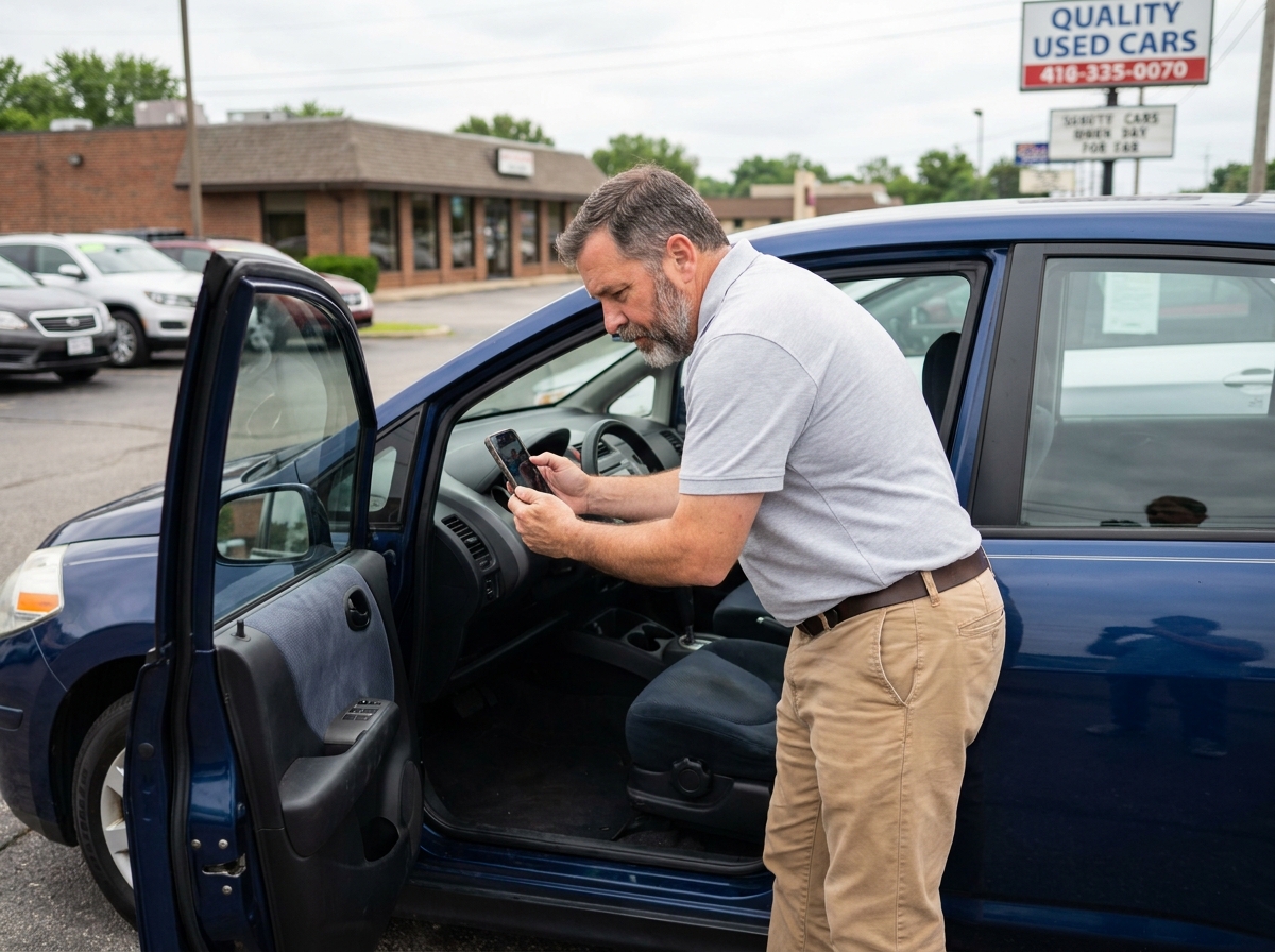 Homme photographiant le compteur kilométrique de sa voiture lors d'une estimation de reprise
