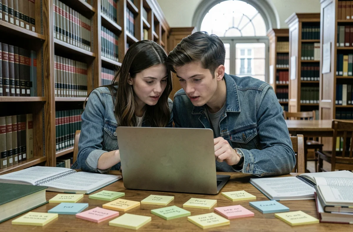 Deux étudiants collaborant sur des stratégies de jeu Pedantix en bibliothèque universitaire avec des notes de déduction