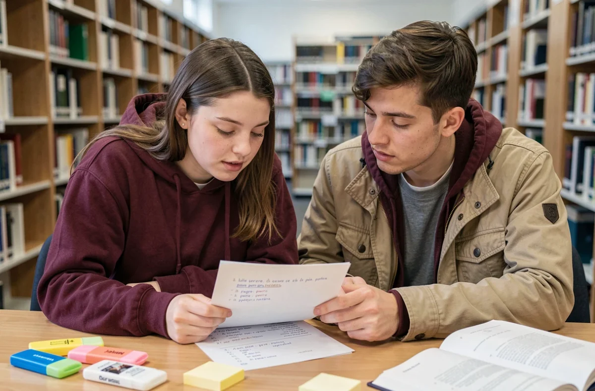 Deux étudiants universitaires collaborant sur des corrections de français dans une bibliothèque