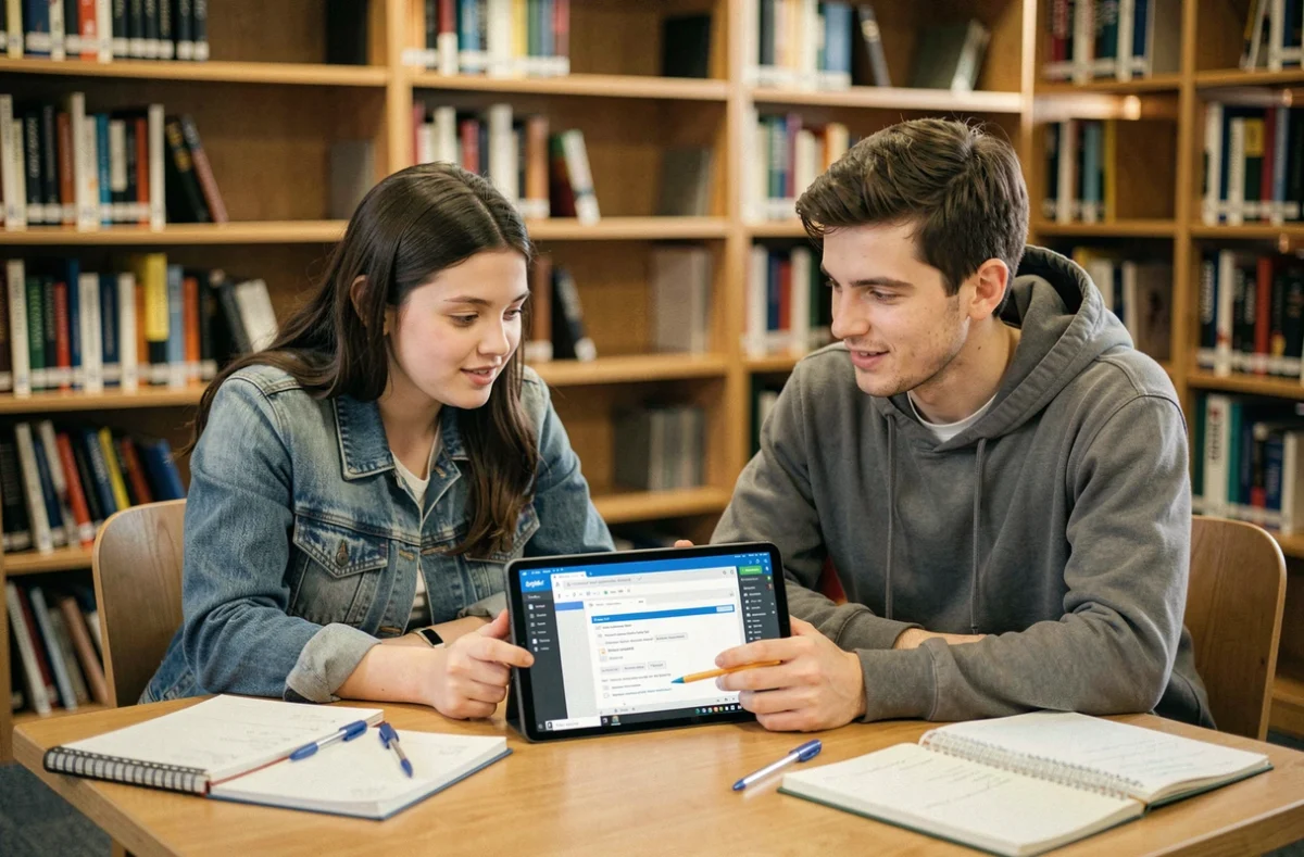 Deux étudiants universitaires consultant et éditant ensemble une encyclopédie collaborative en ligne sur une tablette dans une bibliothèque