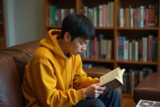 Un jeune fan de manga lit un volume de One Punch Man dans son salon entouré de sa collection de mangas