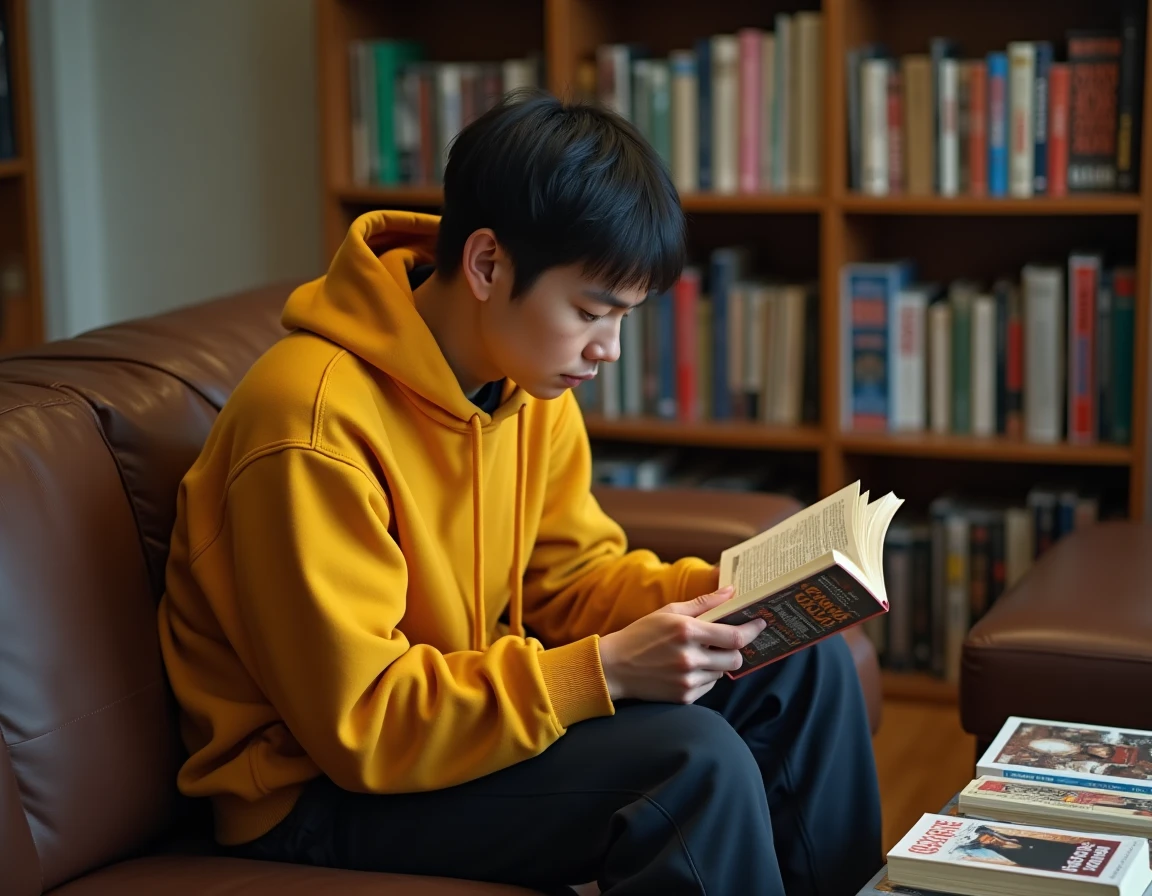 Un jeune fan de manga lit un volume de One Punch Man dans son salon entouré de sa collection de mangas