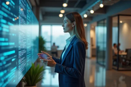 Femme d affaires en réalité augmentée dans un bureau moderne