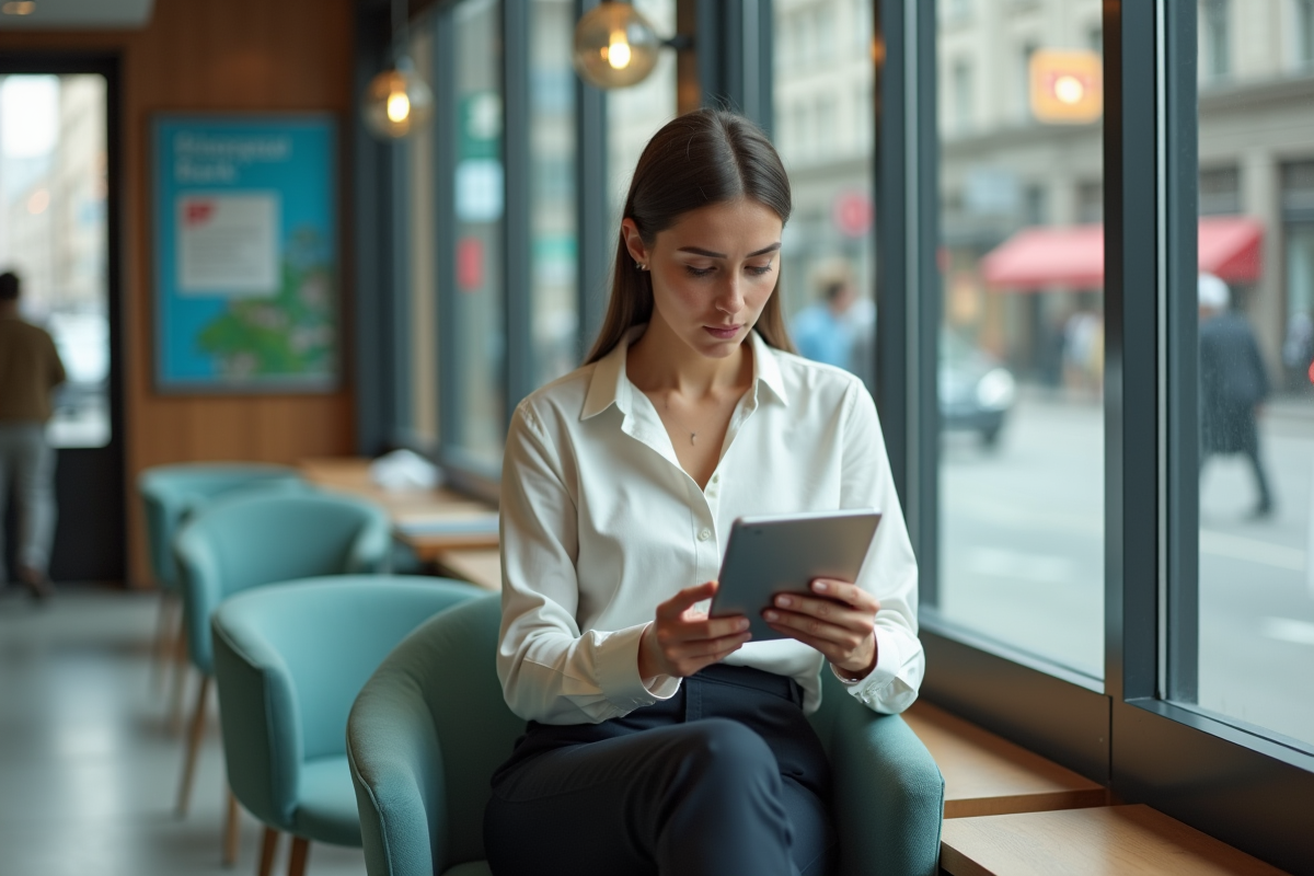 Jeune femme dans une banque regardant son tablet