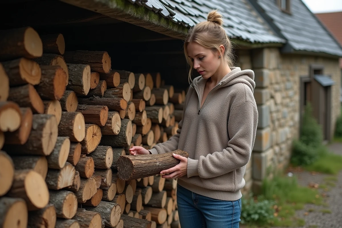 Jeune femme vérifiant du bois de chauffage à l
