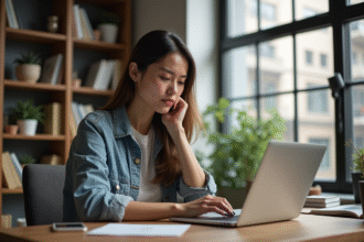 Femme au bureau moderne avec ordinateur et plantes
