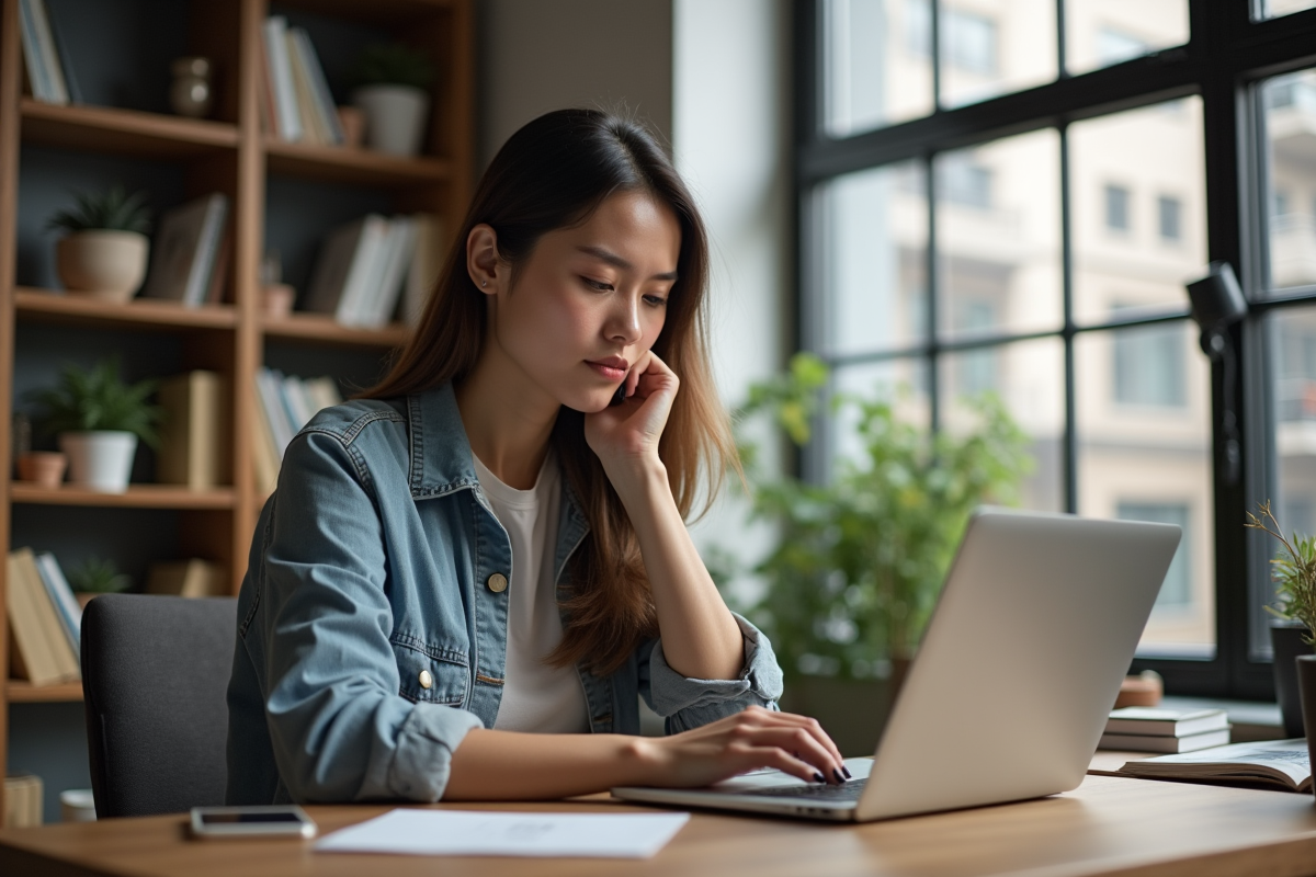 Femme au bureau moderne avec ordinateur et plantes