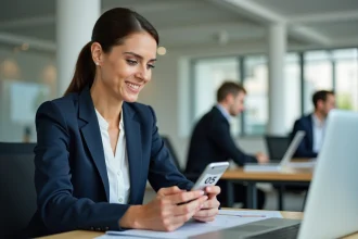 Femme professionnelle en bureau regardant un numéro de téléphone commençant par 05 sur son smartphone
