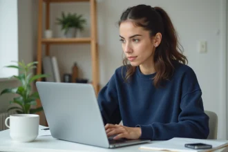 Femme concentrée devant un ordinateur portable dans un bureau minimaliste, explorant des interfaces web modernes