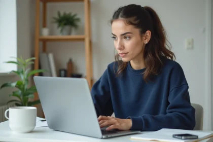 Femme concentrée devant un ordinateur portable dans un bureau minimaliste, explorant des interfaces web modernes