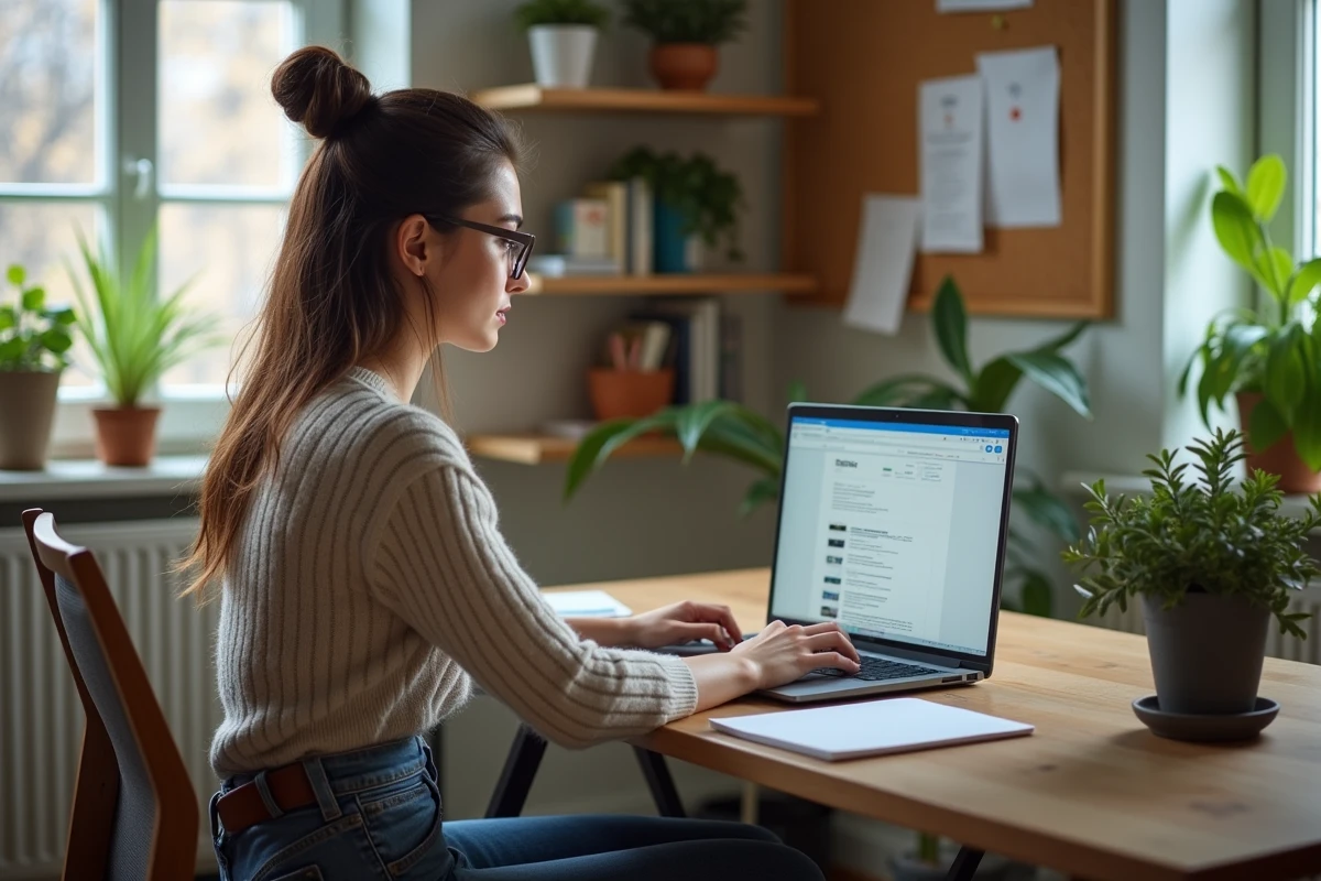 Femme organisée travaillant sur son ordinateur dans un bureau lumineux