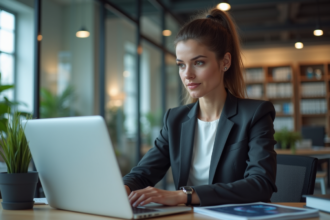 Femme d affaires concentrée sur ses graphiques de productivite