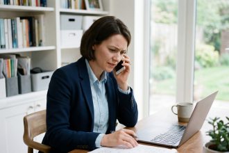 Femme d affaires au bureau avec smartphone et notes