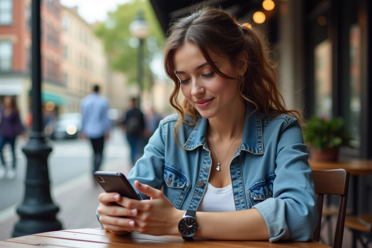 Jeune femme au café regardant sa montre dans une rue de Washington