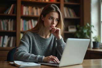 Femme consultant un magazine numérique en ligne sur son ordinateur portable, illustrant l'utilisation de plateformes comme Niodle