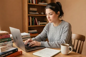Jeune femme utilisant un outil de correction de français en ligne sur son ordinateur portable dans un bureau à domicile